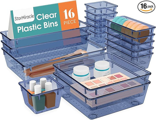 16 PCS Drawer Organizer Set, 5 Varied Size Bathroom and kitchen Drawer cabinet organizer Trays, Clear Storage Bins for Makeup, Jewelry, Utensils and Gadgets,Dark Blue