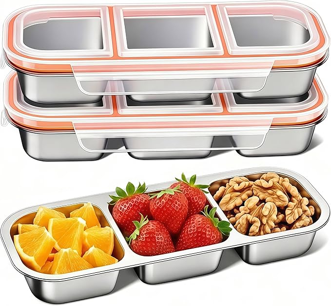 3 Pack Bento Box, Stainless Steel Snack Containers With Lids, Leak Proof Metal Lunch Box with 3 Compartments, Stackable Food Storage Container for Work, Travel, Dishwasher Safe