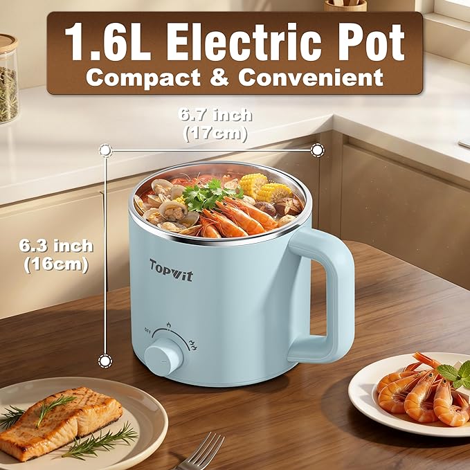 Topwit Hot Pot Electric, Electric Pot, 1.6L Ramen Cooker, Multifunctional Cooker for Pasta, Shabu-Shabu, Oatmeal, Soup and Egg with Over-Heating Protection, Boil Dry Protection, Blue