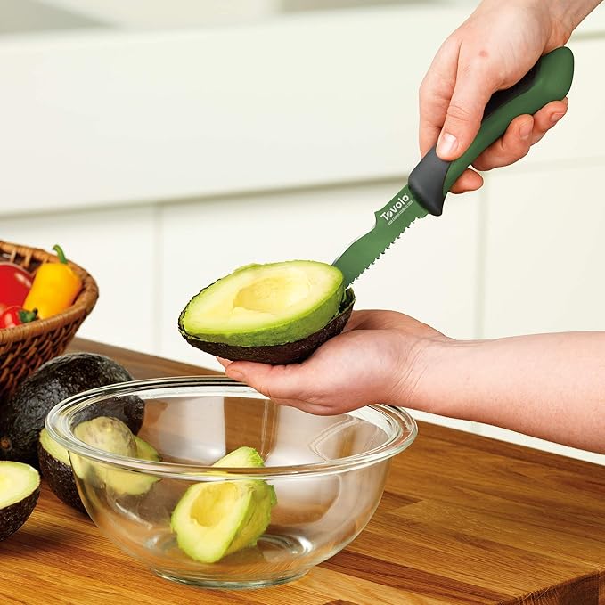 Tovolo 5.75" Slicer with Comfort Grip Handle, Serrated Kitchen Knife for Avocados with Pitter & Masher, Sharp High-Carbon Steel Blade, Dishwasher, 1 Count (Pack of 1), Pesto