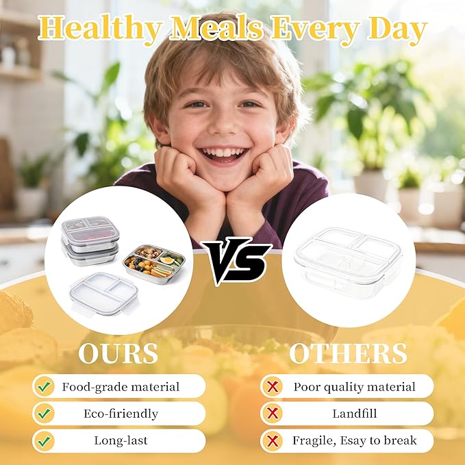 2 Pack Stainless Steel Snack Containers with Lids 3 Compartment Snackle Box Container Lunch Box for Adults Meal Prep Bento Box Containers Reusable Work (2, Gray, 600ml)