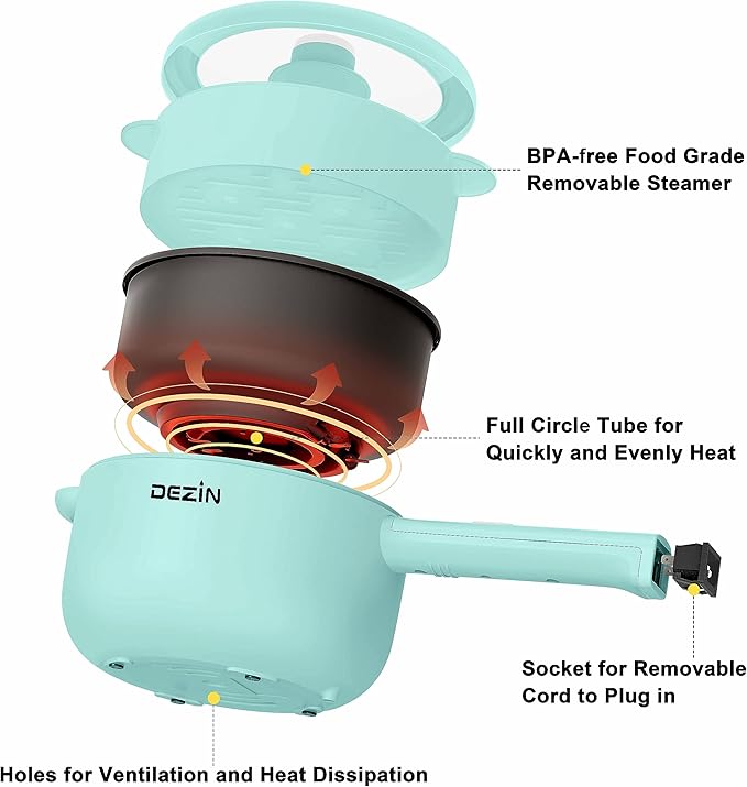 Dezin Hot Pot Electric, 2L Non-Stick Sauté Pan, Rapid Noodles Cooker, Mini Portable Pot for Steak, Egg, Fried Rice, Ramen, Oatmeal, Soup with Power Adjustment & Spatula, College Dorm Room Essential