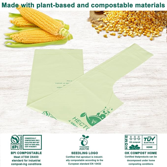 1.6 Gallon 100 Count,Compostable Bags Handle Tie,Tear Resistant Kitchen Food Scrap Waste Bag, ASTM D6400, US BPI and Europe OK Compost Home Certified