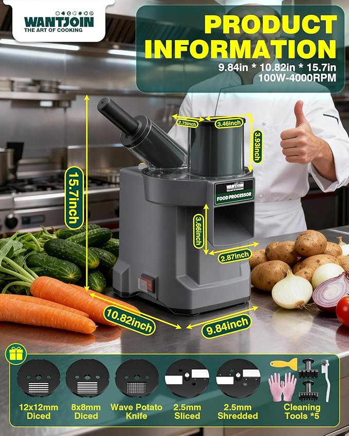 WantJoin 6 in 1 Electric Vegetable Chopper - Multifunctional Commercial Food Processor with Stainless Steel Blades for Slicing(2.5mm), Dicing(6/8/12mm), Chopping(2.5mm), Shredding