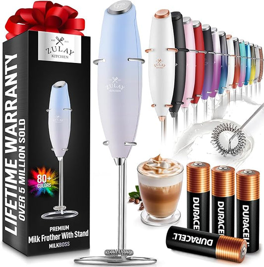 Zulay Kitchen Powerful Milk Frother Wand With 4 AA Duracell Batteries - Ultra Fast Handheld Drink Mixer - Electric Whisk Foam Maker for Coffee, Lattes, Cappuccino, Matcha & Creamer