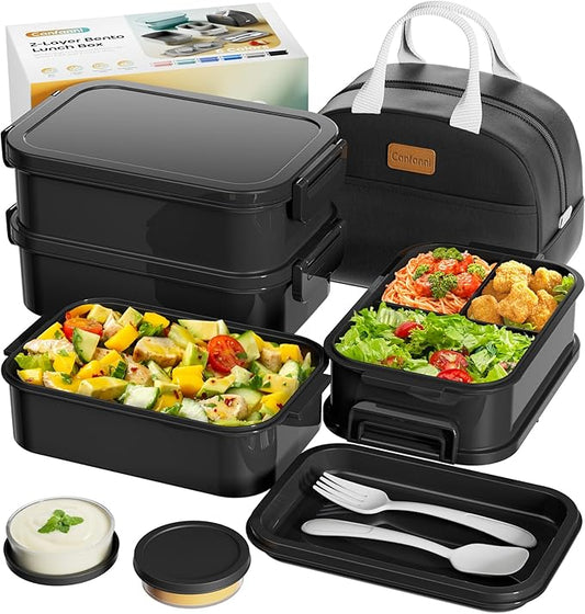 Adults Bento Box with Insulated Lunch Bag, 74oz Capacity 3 Stackable Leak-Proof Bento Box Built-In Utensil and Sauce, PFAS & BPA-Free, Microwave & Dishwasher Safe (Astral Black)