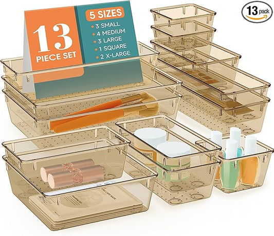 13 PCS Drawer Organizer Set, 5 Varied Size Bathroom and kitchen Drawer cabinet organizer Trays, Clear Storage Bins for Makeup, Jewelry, Utensils and Gadgets, Champagne