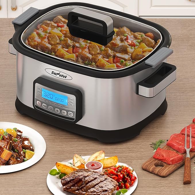 Sunvivi 6.5 Quart Slow Cooker Roaster Oven：11 in 1 programmable Multi-Cooker Food Warmer with Digital Timer, Temp Control, Removable Nonstick Cast Aluminum Pot & Dishwasher-Safe Tempered Glass Lid