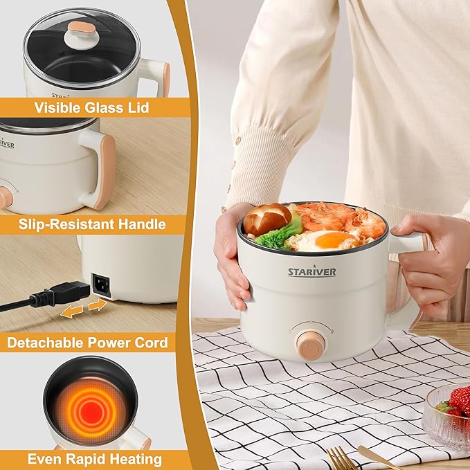 Stariver 1.5L Electric Hot Pot with Dual Power - Mini Portable Non-Stick Noodle Cooker for Ramen, Soup, Pasta, Egg, Oatmeal - Overheat & Boil-Dry Protection - Ideal for Dorm, Office, Travel Gift