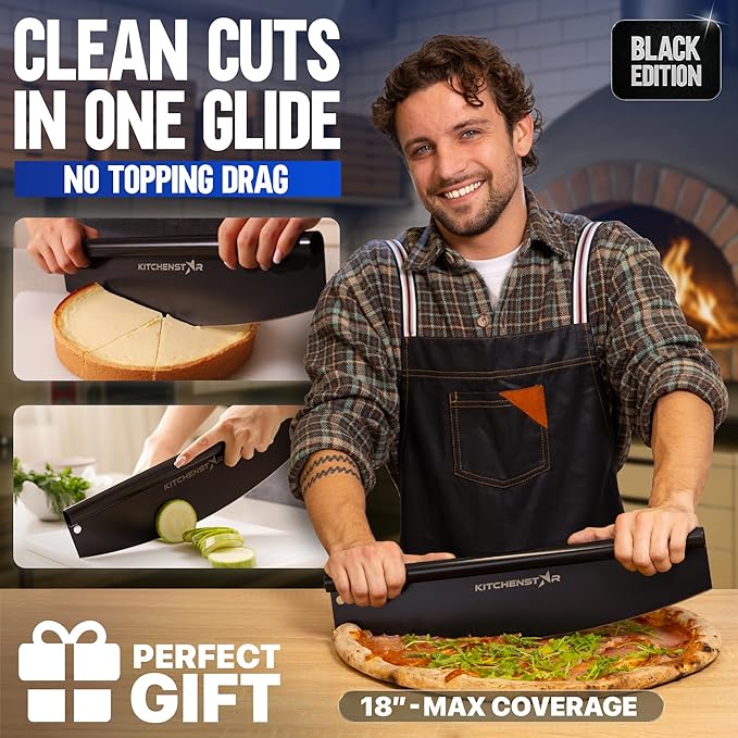 KitchenStar 18-Inch Pizza Cutter Rocker Blade - Sharp Stainless Steel Slicer Knife, Protective Cover, Black, Extra Large - Commercial Pizza Oven Accessories