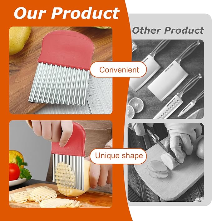 Crinkle Cutter for Veggies, Wavy Potato Cutter for French Fries, Stainless Steel Waffle Fry Wavy Chopper, 2 Pack