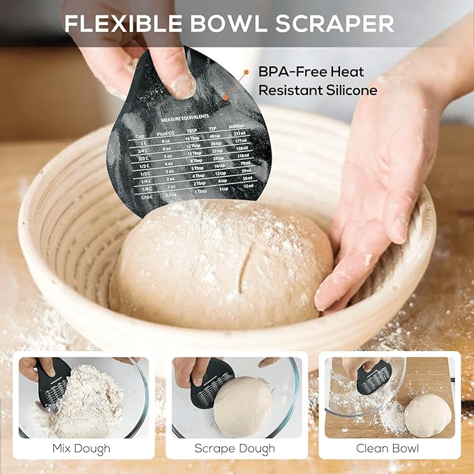 Bench Scraper & Chopper - Multifunctional Dough Scraper with Silicone Bowl Scraper, Sturdy Stainless Steel Dough Cutter for Baking, Pastry Cutter for Bread Pizza Cake with Measuring Scale