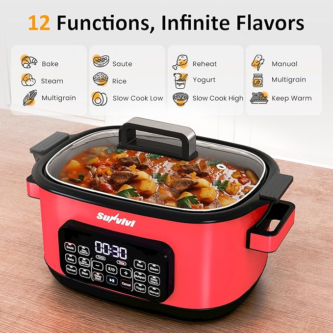 Sunvivi 12-in-1 Multi Slow Cooker Roaster Oven, 6.5QT Sliver Digital Programmable Slow Cooker with Rack, Large Removable Nonstick Crock, Glass Lid, Multicooker with Timer Temp Control, Red