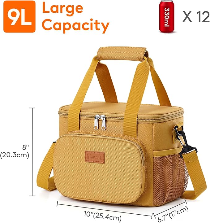Lifewit Medium Lunch Bag Insulated Lunch Box Soft Cooler Cooling Tote for Adult Men Women, Brown 12-Can (9L)