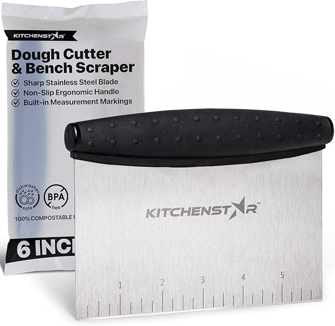 KitchenStar 6-inch Bench Dough Pastry Scraper with Measurement Markings & Ergonomic Handle - Multipurpose Sharp Cutter Tool for Bread, Pizza & Vegetables - Stainless Steel Bench Knife, Dishwasher Safe