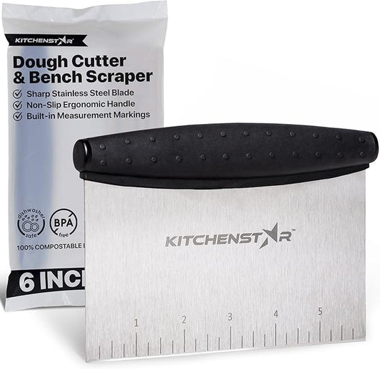 KitchenStar 6-inch Bench Dough Pastry Scraper with Measurement Markings & Ergonomic Handle - Multipurpose Sharp Cutter Tool for Bread, Pizza & Vegetables - Stainless Steel Bench Knife, Dishwasher Safe