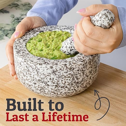PriorityChef Heavy Duty Natural Granite Mortar and Pestle Set, 1.5 Cup, Carved from Natural Granite, Make Fresh Guacamole, Salsa, Pesto, Stone Grinder Bowl, Herb Crusher, Spice Grinder, White