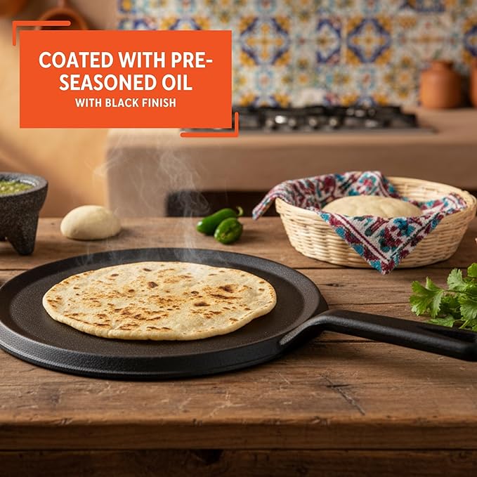 IMUSA 9.5in Preseasoned Cast Iron Comal for Tortillas, Arepas, Quesadillas, Heating & Searing, Heavy-Duty Flat Griddle