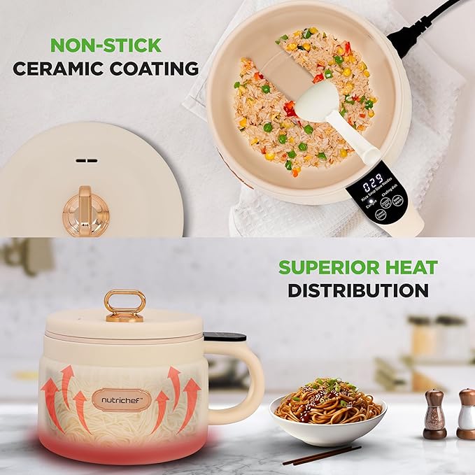 NutriChef 1.6 QT Portable Electric Rice Cooker & Lunch Maker | Multi-Functional & Non-Stick Ceramic Coating | Digital Control Panel | 6 Cook Functions: Rice, Soup, Stew, Porridge & More | White