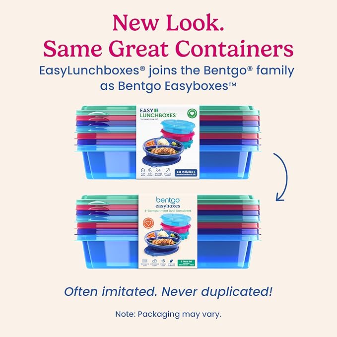 Bentgo Easyboxes 4-Compartment Oval Containers - Patented Design 8-Piece Set; 4 Trays & 4 Fitted Lids Seal in Freshness; Reusable Food Storage & Meal Prep BPA-Free Containers (Jewel Brights)
