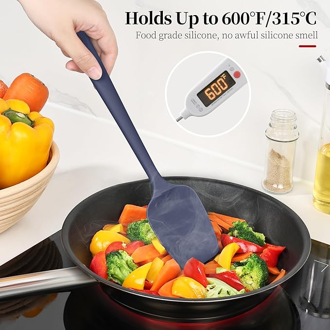 600ºF Heat Resistant Spatulas, High Heat Food Safe Semless Kitchen Silicone Scraper Set for Cooking Baking Mixing Scraping Stirring Nonstick Cookware Pan Bowl (4Pcs,Midniaht Blue)