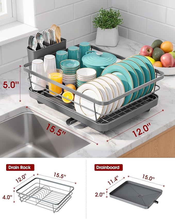Stainless Steel Dish Drying Rack for Kitchen Counter, Sink Organization and Storage Essentials with Silverware & Utensil Holder, Home and Apartment Decor, 12''W x 15.6''L, Gray