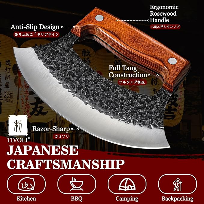 TIVOLI Ulu Knife with Wooden Stand – Full Tang High Carbon Steel, Japanese-Inspired Rocker Knife with Gift Box, Mezzaluna Knives & Pizza Cutter for Kitchen, Camping & BBQ, Unique Gift for Men