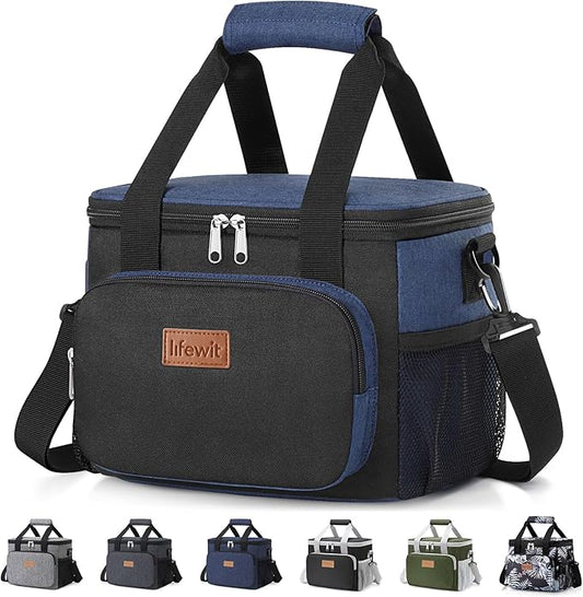 Lifewit Medium Lunch Bag Insulated Lunch Box Soft Cooler Cooling Tote for Adult Men Women, Black and Blue 12-Can (9L)