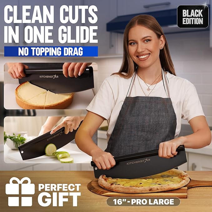 KitchenStar 16-Inch Pizza Cutter Rocker Blade - Sharp Stainless Steel Slicer Knife, Protective Cover, Black, Large - Professional Pizza Oven Accessories