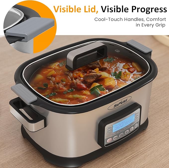 Sunvivi 6.5 Quart Slow Cooker Roaster Oven：11 in 1 programmable Multi-Cooker Food Warmer with Digital Timer, Temp Control, Removable Nonstick Cast Aluminum Pot & Dishwasher-Safe Tempered Glass Lid