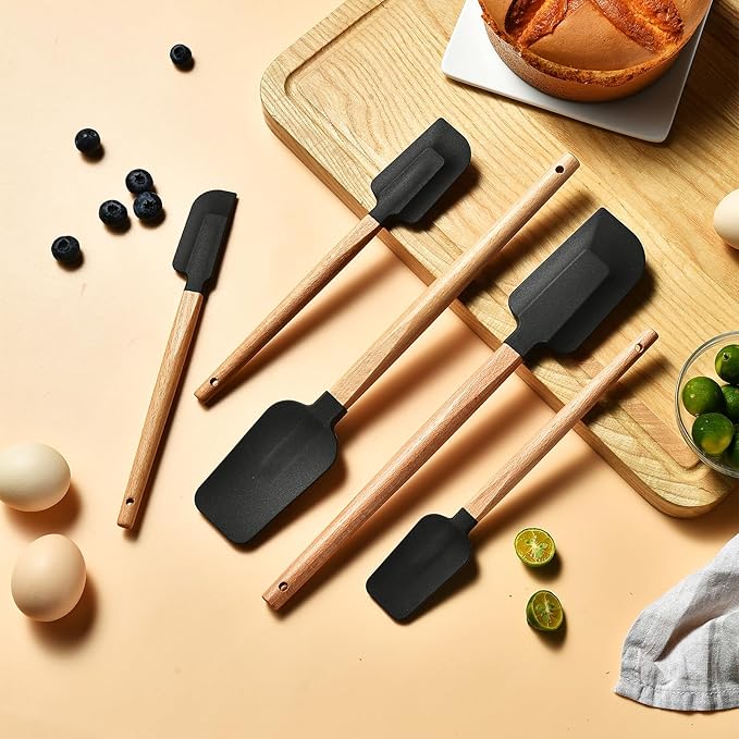 Black Silicone Spatula Set, Food Grade Rubber Spatula-5 Piece Nonstick Rubber Spatulas, Spoonula, Jar Scraper for Cooking, Baking, Mixing, Frosting