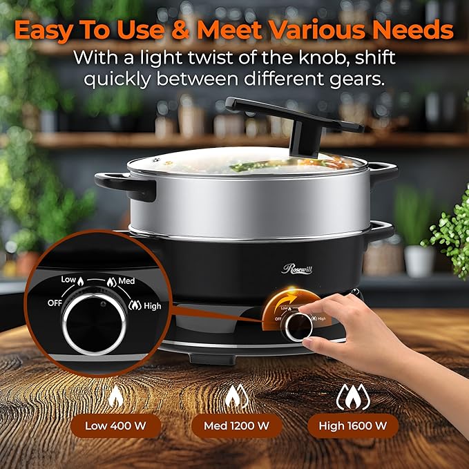 Rosewill 12.7 QT Electric Hot Pot Slow Cooker with Multiple Functions, Split Design with 11.8 inch Wider Cooking Pot and SUS Steam Basket, 1600W High Power, Includes Utensils - Black