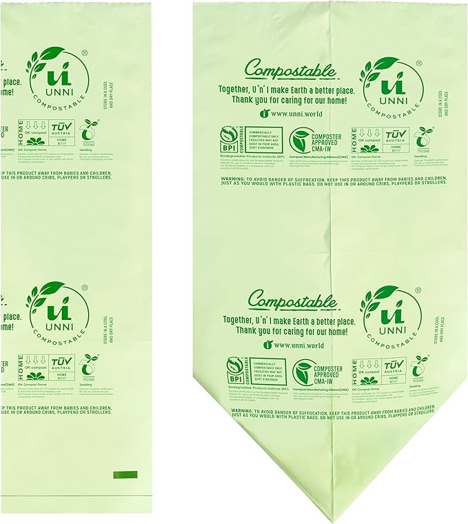 UNNI Compostable Lawn & Leaf Bags, 30-33 Gallon / 124 Liter, 20 Count, Extra Thick 1.1 mil Yard Waste & Food Scrap Liners, Certified by BPI, CMA & OK compost HOME, Meets the ASTM D6400 Standard
