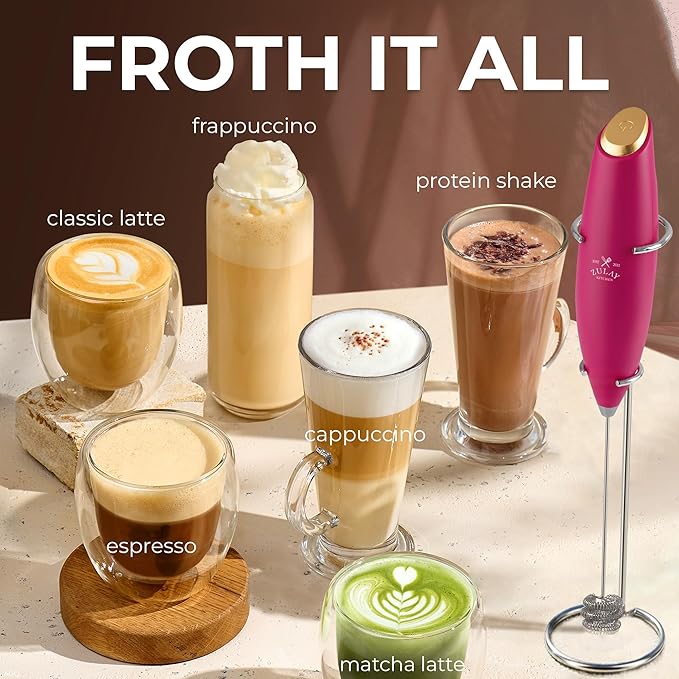 Zulay Kitchen Patented Tornado Triple Whisk Milk Frother with 4 Duracell Batteries – Handheld Foam Maker for Coffee, Lattes, Matcha & Hot Chocolate – Rich, Creamy Froth in Seconds