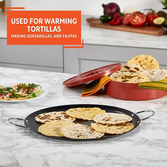 IMUSA 13.5in Carbon Steel Nonstick Round Comal with Metal Handles, Black