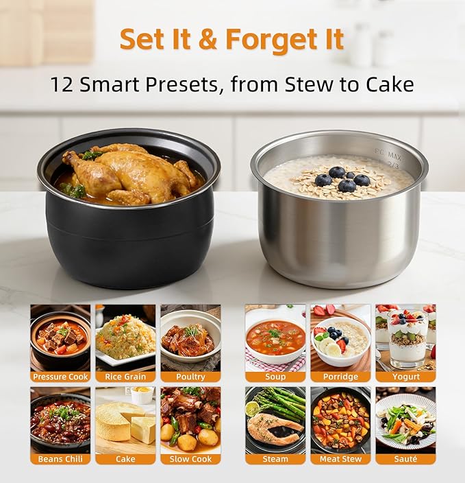Fullwill Dual-Pot Electric Pressure Cooker,12-in-1 Multi Cooker with 6QT Stainless Steel & 5QT Ceramic Pot,Olla de Presion for Pressure,Rice,Meat Stew,Yogurt Maker