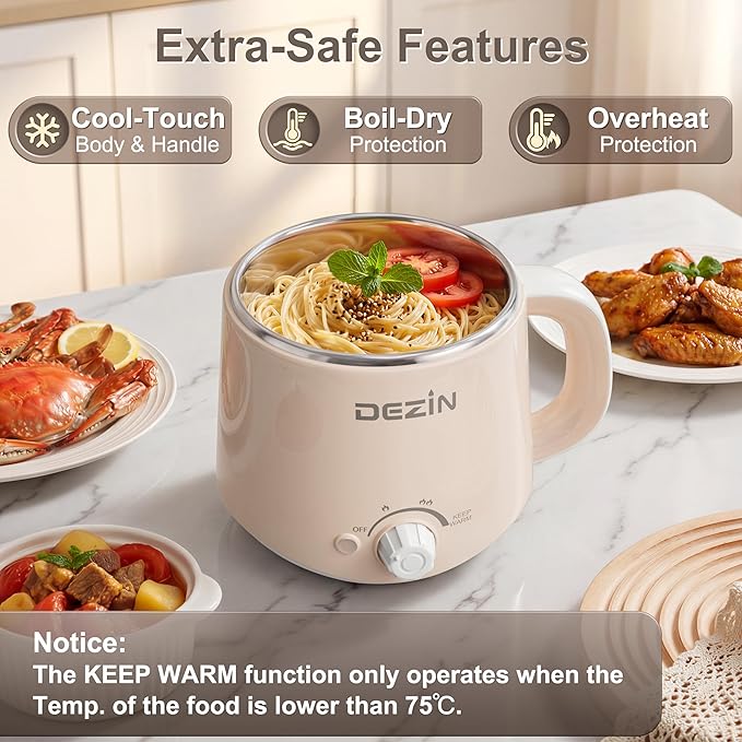 Dezin Hot Pot Electric with Steamer, Rapid Noodles Cooker, Stainless Steel Electric Pot 1.6 Liter, Perfect for Ramen, Egg, Dumpling, Soup, Oatmeal with Temperature Control and Keep Warm Function
