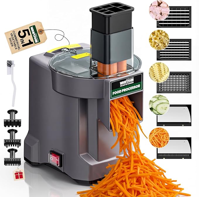 WantJoin 5-in-1 Electric Food Processor & Vegetable Chopper - Multifunctional Commercial Dicer with Stainless Steel Blades for Slicing (2.5mm), Dicing (6/8/12mm), Chopping (2.5mm), Shredding