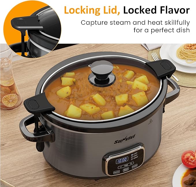 Sunvivi 4QT Slow Cooker, Programmable Pot with Locking Lid, Removable Ceramic Pot, 3 Heating Settings & Time Control,Dishwasher-safe Lid, Grey
