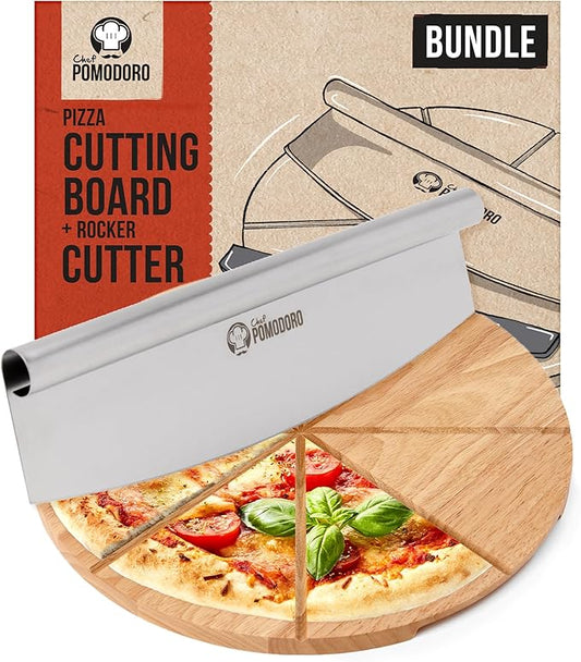 Chef Pomodoro 14" Pizza Cutter Rocker Blade and Pizza Cutting Board Set – Premium Stainless Steel Pizza Slicer with Wooden Pizza Serving Board – Pizza Wooden Board with Pizza Cutting Guide