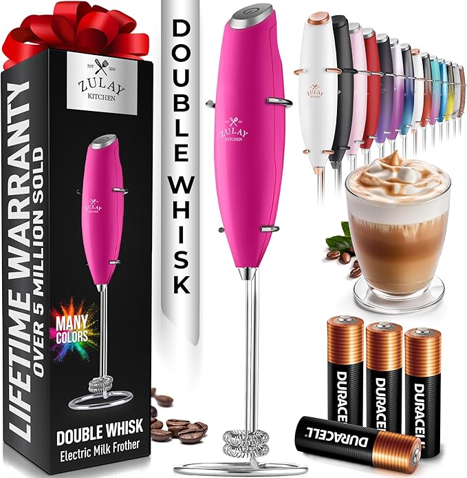 Zulay Kitchen Whisk Milk Frother with 4 Duracell Batteries - Powerful Handheld Foam Maker for Coffee, Lattes, Matcha, Hot Chocolate & Cappuccinos - Whip Creamy Froth in Seconds