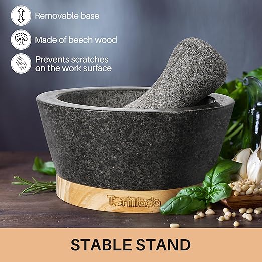 Tortillada – 6-inch Mortar and Pestle Set Large Made of Natural Granite with Anti-Scratch Wood Base Granite Spice Herb Grinder Pill Crusher with 50 Recipes, Black
