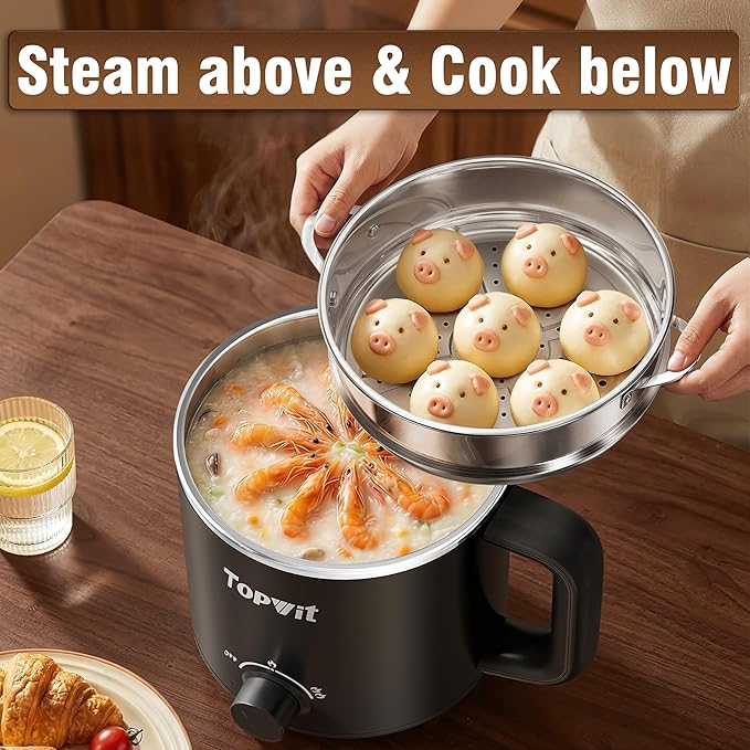 Topwit Hot Pot Electric with Steamer, 1.6L Ramen Cooker, Electric Pot for Pasta, Shabu-Shabu, Oatmeal, Soup and Egg, Portable Cooker with Dual Power Control, Dorm Room Essentials, Black