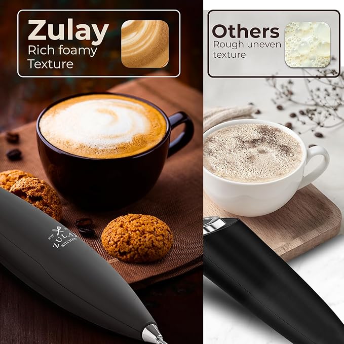 Zulay Kitchen Patented Tornado Triple Whisk Milk Frother with 4 Duracell Batteries – Handheld Foam Maker for Coffee, Lattes, Matcha & Hot Chocolate – Rich, Creamy Froth in Seconds