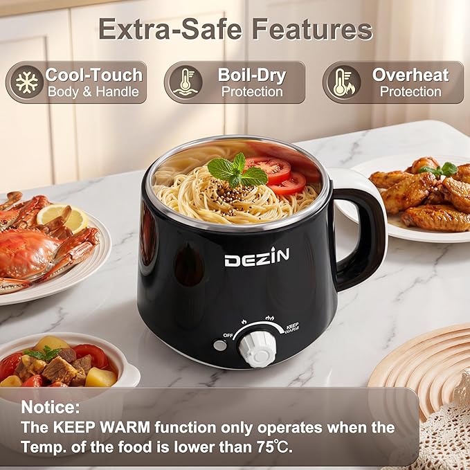 Dezin Hot Pot Electric with Steamer, Rapid Noodles Cooker, Stainless Steel Electric Pot 1.6 Liter, Perfect for Ramen, Egg, Dumpling, Soup, Oatmeal with Temperature Control and Keep Warm Function