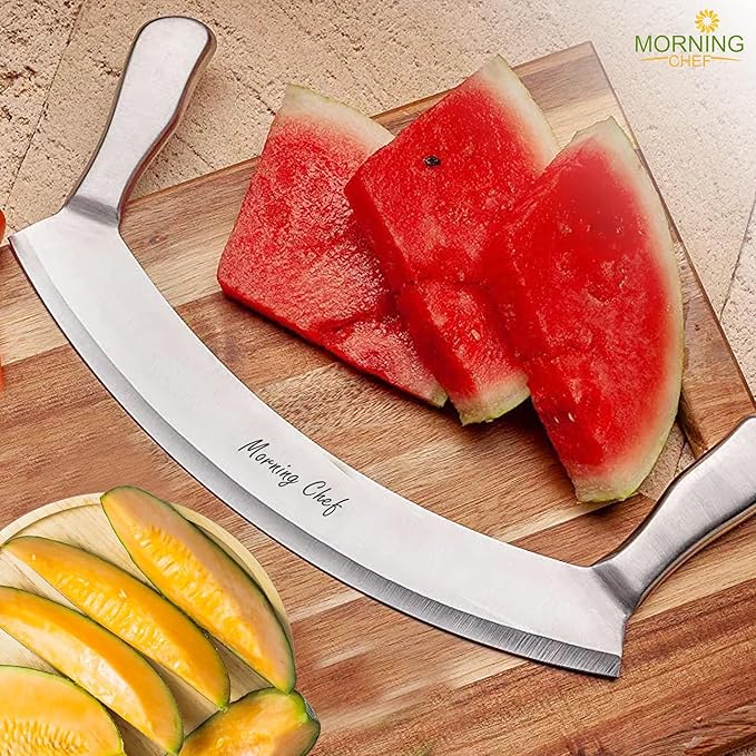 12" Stainless Steel Mezzaluna Knife | Pizza Cutter | Chopper Dicer Mincer | Curved Blade with Steel Handles | Mezzaluna Sheath Pizza Cutter Rocker, Rocker Knife Veggie Cutter