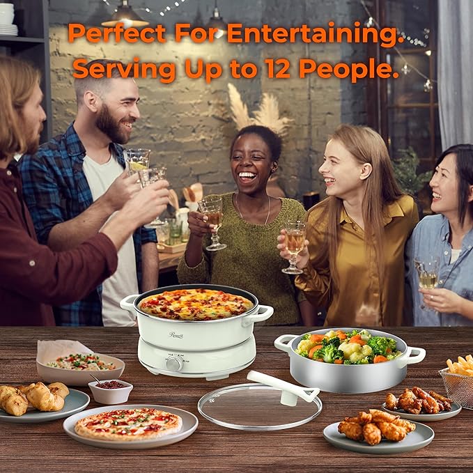 Rosewill 12.7 QT Electric Hot Pot Slow Cooker with Multiple Functions, Split Design with 11.8 inch Wider Cooking Pot and SUS Steam Basket, 1600W High Power, Includes Utensils - Light Green