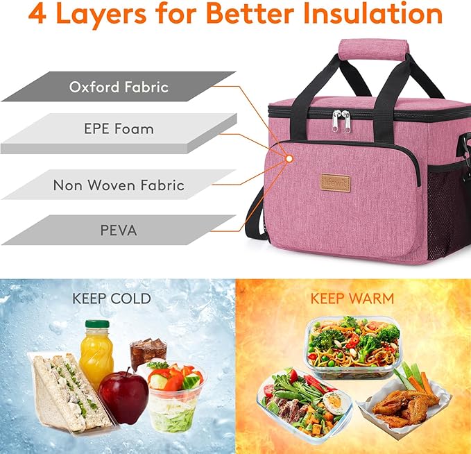 Lifewit Medium Lunch Bag Insulated Lunch Box Soft Cooler Cooling Tote for Adult Men Women, Pink 12-Can (9L)