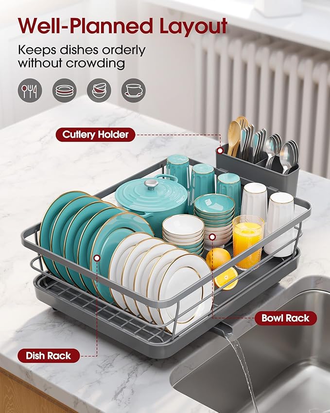 Stainless Steel Dish Drying Rack for Kitchen Counter, Sink Organization and Storage Essentials with Silverware & Utensil Holder, Home and Apartment Decor, 12''W x 15.6''L, Gray