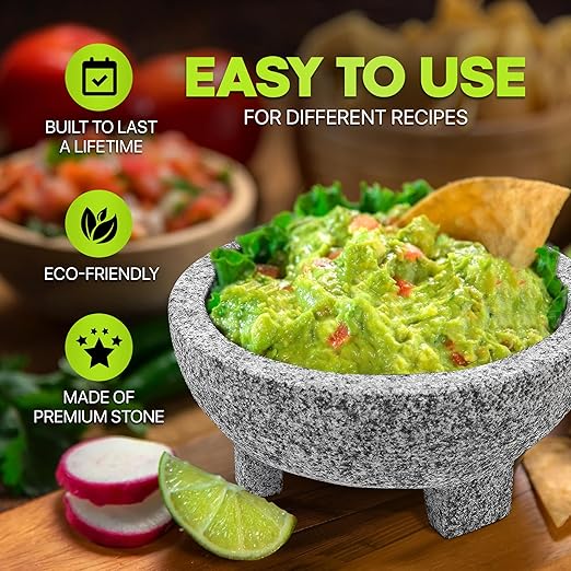 Umien Granite Mortar and Pestle Set - 8-Inch Natural Stone Molcajete with Avocado Tool - 3.5 Cup Capacity for Spices, Herbs, Pestos & Guacamole - Premium Kitchen Gift (Grey)